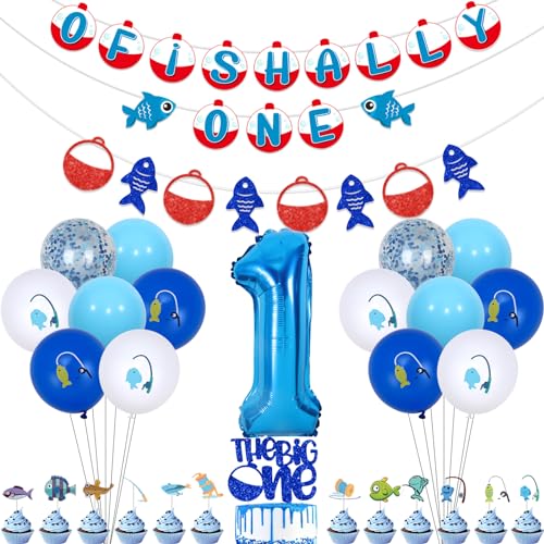 kreat4joy O Fishally One First Birthday Decorations, The Big One Fishing Party Decorations Cake Cupcake Toppers Banner Garland Number 1 Foil Balloons for Gone Fishing 1st Birthday Decorations Boy von kreat4joy