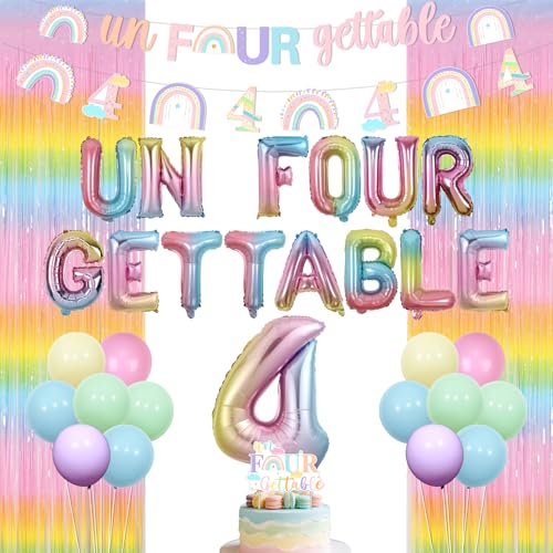 kreat4joy Pastell 4 Geburtstag Deko Mädchen, Un Four Gettable Banner Girlande Cake Topper Fransen Vorhang Folie Latexballon für Unvergessliche Prinzessin Regenbogen 4 4 Jahre alt Geburtstagsdeko von kreat4joy