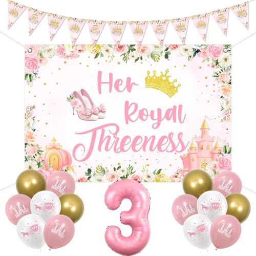 kreat4joy Prinzessin 3. Geburtstag Party Dekorationen, Her Royal Threeness Hintergrund Wimpelkette Banner Rosa Weiß Schloss Luftballons Zahl 3 Folienballon für 3 Jahre altes Mädchen Geburtstag Party von kreat4joy