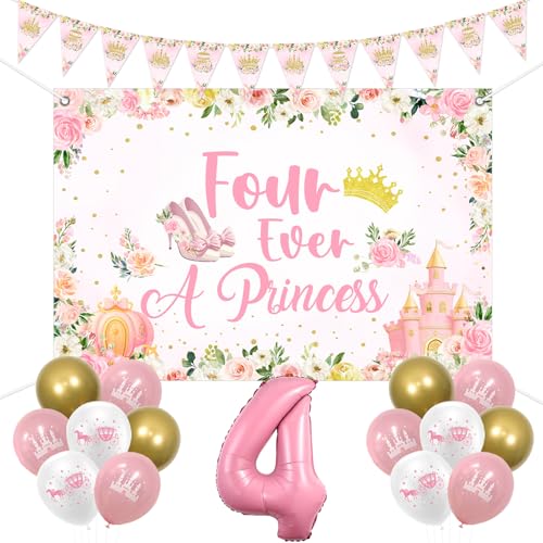 kreat4joy Prinzessin 4. Geburtstag Party Dekorationen, Four Ever A Princess Hintergrund Geburtstag Wimpelkette Banner Rosa Weiß Schloss Luftballons Zahl 4 Folienballon für 4 Jahre altes Mädchen von kreat4joy