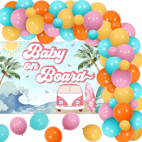 kreat4joy Surf Baby Bad Dekorationen Mädchen, Boot Baby Baby Bad Dekoration Hintergrund, Mädchen Surfen Baby Bad Party mit rosa, blau-grünen Ballons Bogen von kreat4joy