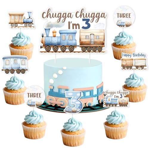 kreat4joy Zug 3. Geburtstag Dekoration, 25pcs Chugga Chugga I'm Three Cake Topper Choo Choo Cupcake Topper Doppelseitiger Druck für Junge Retro Zug Thema 3. Geburtstag Dekoration von kreat4joy