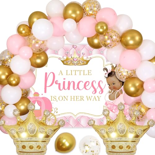 kreat4joy rosa Prinzessin Baby Geschenke Dekoration Mädchen, eine kleine Prinzessin auf der Straße Hintergrund, rosa Weißgold Ballon Bogen-Set Krone aus Aluminium-Fallballon Mädchen Baby Geschenke von kreat4joy