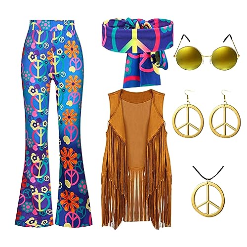 kswlwccpp Hippie Kostüm Set Fransen ärmellos Weste Kleidung 60er 70er Jahre Bekleidung Damen Mädchen Disco Outfit Braun Fransenweste Hippie Bolero Karneval Faschingskostüme von kswlwccpp
