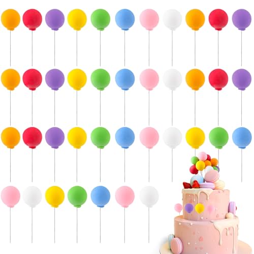 Bunte Ballon-Kuchenaufsätze, Mini-Ballon-Kuchenspieße, rund, Regenbogen-Ballon, Cupcake-Topper, Kuchendekoration für Puppenhaus-Party, Geburtstag, Babyparty, Hochzeit, Kuchendekoration, Zubehör, 40 von ktxaby