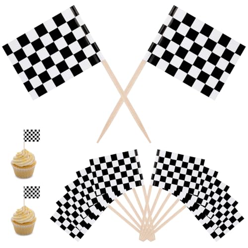 Ktxaby 100 Stück karierte Mini-Flagge, schwarz-weiße Rennzahnstocherflagge, Finish-Linie, Cupcake-Topper, Party-Dekorationen, Picks für Sportveranstaltungen, Feiern, Partyzubehör von ktxaby