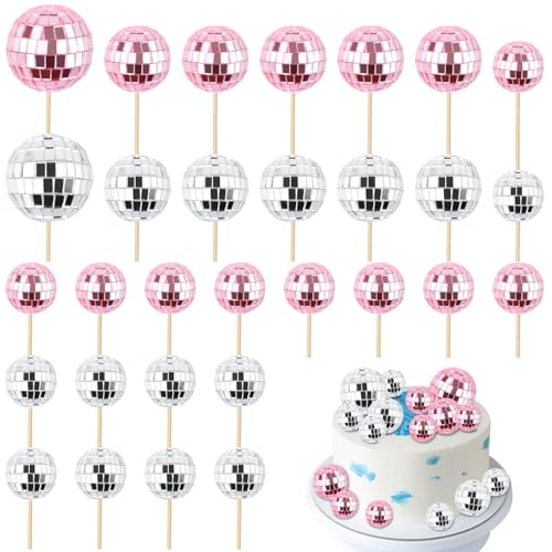 Ktxaby 30 Stück Mini Discokugel Kuchen Toppers,Disco Ball Cupcake Deko für Geburtstagsparty Hochzeitsfeier,70er Disco Theme Veranstaltung Tortenverzierung Dessertdekoration(Rosa,Silber) von ktxaby