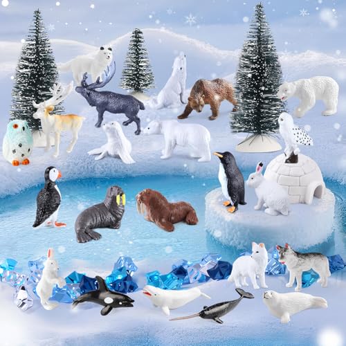 56-teiliges Spielzeugset mit Arktischen Tieren, Mini Figuren Eisbär Pinguin Karibu Schnee-Eule Kiefern EIS-Iglu-Felsen für Kinder Schulprojekt Diorama Sensorische Kuchendekorationen Partygeschenk von kukifun