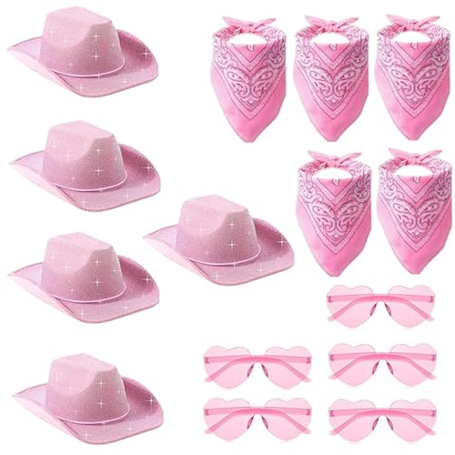 kychenBase 15 Stück rosa Cowgirl-Hut-Sets – 5 Cowboyhüte, 5 Herzgläser und 5 Bandanas, funkelnde Westernhüte für Frauen, Kostümzubehör für Halloween, Feiertage, Partys kychenBase 15 Stück rosa Cowgirl-Hut-Sets – 5 Cowboyhüte, 5 Herzgläser und 5 Bandanas, funkelnde Westernhüte für Frauen, Kostümzubehör für Halloween, Feiertage, Partys von kychenBase