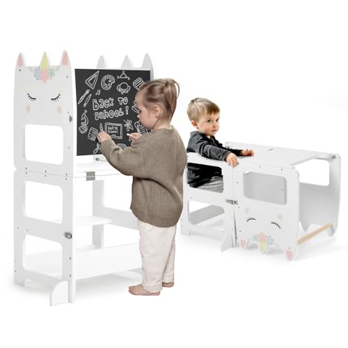 Labebe Lernturm für Kinder, Montessori Faltbarer Lernturm mit Tafel, Multifunktion 3 in 1 Learning Tower, Höchste Sicherheit lernturm ab 18 Monate für Küche Tisch Bad Lernstuhl Lerntower (Animal) von labebe