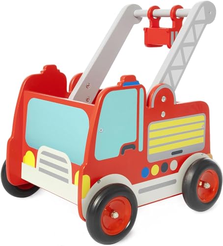 labebe Rot Feuerwehrauto Lauflernwagen Holz Baby Push Pull Lauflernhilfe Spielzeug mit Rädern für Junge ab 1 Jahre von labebe