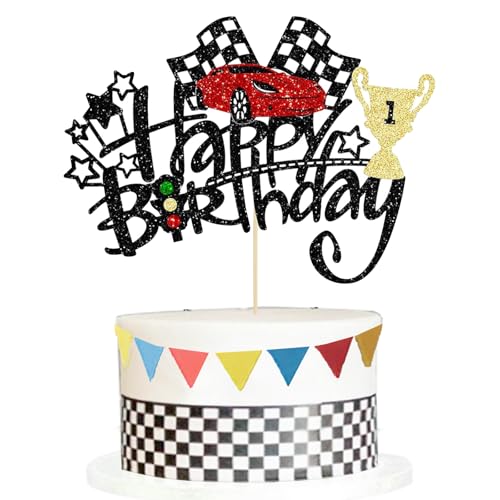 1 x Rennwagen-Kuchenaufsatz, Auto-Kuchendekoration, Geburtstagsdekorationen, glitzerndes Ampelrad, Trophäenflagge für Rennsport-Mottoparty (mehrfarbig) von lafomukea