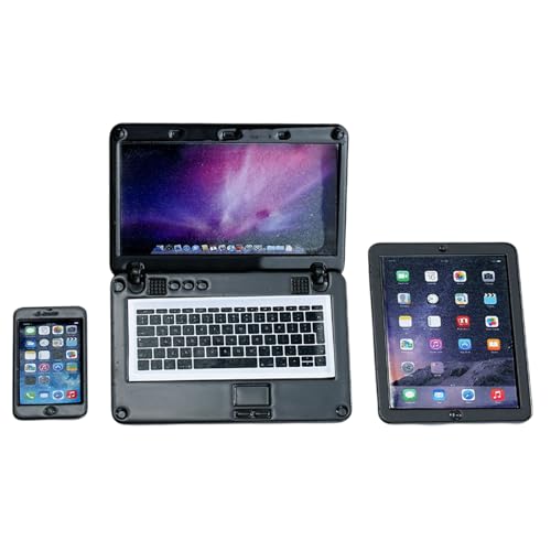 Puppenhaus Mini Laptop Set, Puppenhaus Lernen Zubehör, Metall Simulation Laptop Tablet Smartphone Mini (Schwarz) von lafomukea