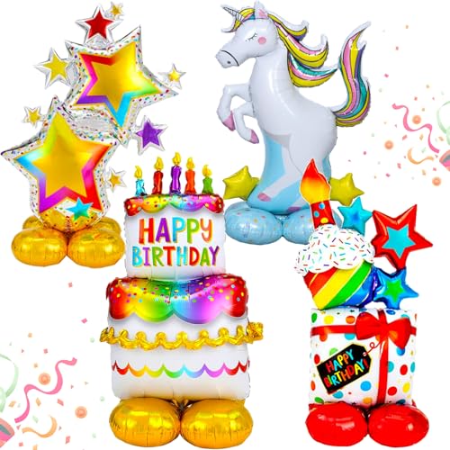 lankai 4 Stück Folienballon Happy Birthday, Folienballon Geburtstagstorte Stehend, Folienballon Happy Birthday Stehend, Stehendes Happy Birthday Folienballon Banner, Für Kindergeburtstag Deko von lankai