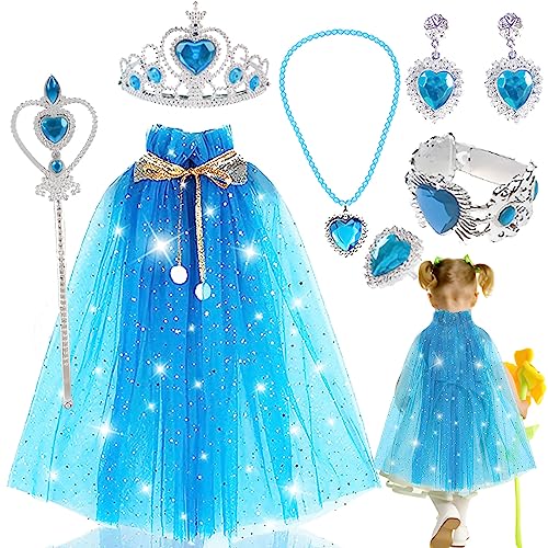 7 Stück Prinzessin Umhang Kinder, Mädchen Prinzessin Cosplay Cape, Prinzessin Umhang Tüll, Mit Krone Zauberstab Armband Ring Ohrringe Halskette, Geeignet Für Bühnenauftritte, Tägliches Anziehen (Blau) von lankai