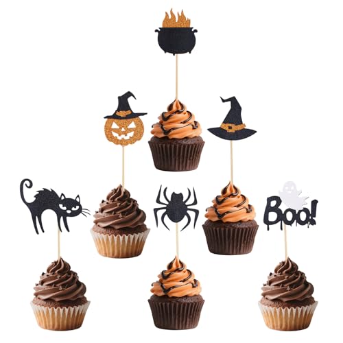 24 Stück Halloween Cupcake Topper, Glitzer Spinne Fledermaus Kürbis Katze Boo Hexenhut Kuchenstecker Gruselige Deko für Babyshower Kindergeburtstag Themenparty von lasuroa