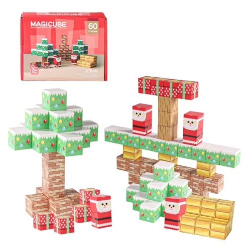 lasuroa 60 Stück Christmas Magnetblöcke, My World Magnetblöcke Magnetfliesen Bausteine Kleinkinderspielzeug für Teenager Erwachsene von lasuroa