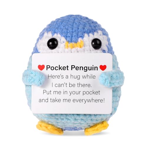 Lustiger Positiver Pinguin, 6,5cm Pinguin Puppe mit Karte Niedliche aus Wolle Gestrickte Taschen Pinguin Kreatives Aufmunterungsgeschenk für Familie Freunde Ermutigung Heimdekoration(Blau) von lasuroa