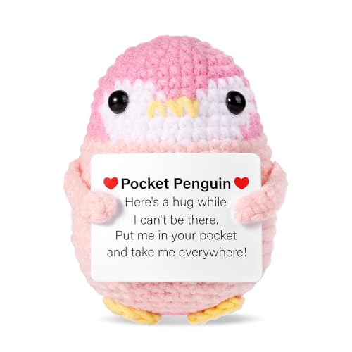 Lustiger Positiver Pinguin, 6,5cm Taschen Pinguin Umarmung Gehäkelter Pinguin mit Karte Emotionaler Unterstützungspinguin Positive Kartoffeln für Familien Freunde Heimdekoration (Rosa) von lasuroa