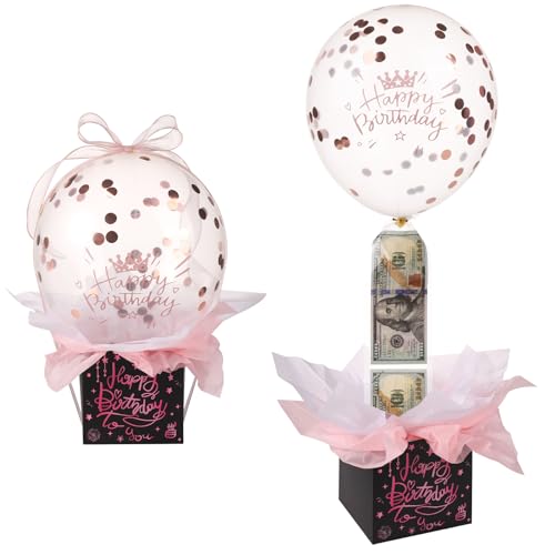Pull Geld Ballon Box für Geldgeschenke, Lustig Happy Birthday Überraschungsset Mit Band Und Halter - Herausziehbare Geschenke für Freundin Ehefrau (Rosa) von lasuroa