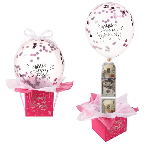 Pull Geld Ballon Box für Geldgeschenke, Lustig Happy Birthday Überraschungsset Mit Band Und Halter - Herausziehbare Geschenke für Freundin Ehefrau (Rosenrot) von lasuroa