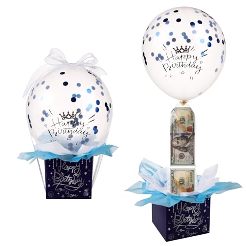 Pull Geld Ballon Box für Geldgeschenke, Lustig Happy Birthday Überraschungsset mit Ballon Band Ballon Halter Pull Money Balloon Box Herausziehbare Geschenke für Freundin Ehefrau (Blau) von lasuroa