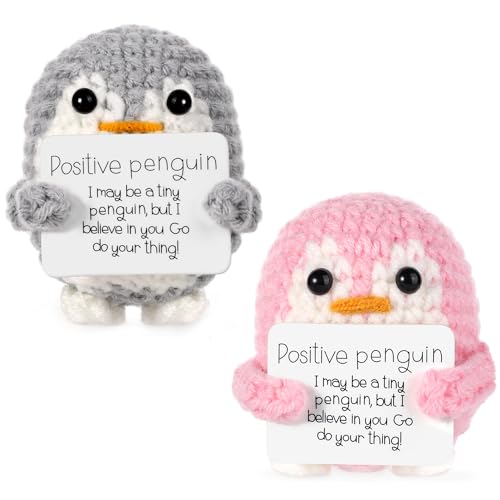 lasuroa 2St Lustiger Positiver Pinguin, 6,5cm Gestricktes Pinguinspielzeug mit Positiver Karte Positive Kartoffeln Gehäkelter Pinguin für Familie Freunde Heimdekoration (Grau, Rosa) von lasuroa