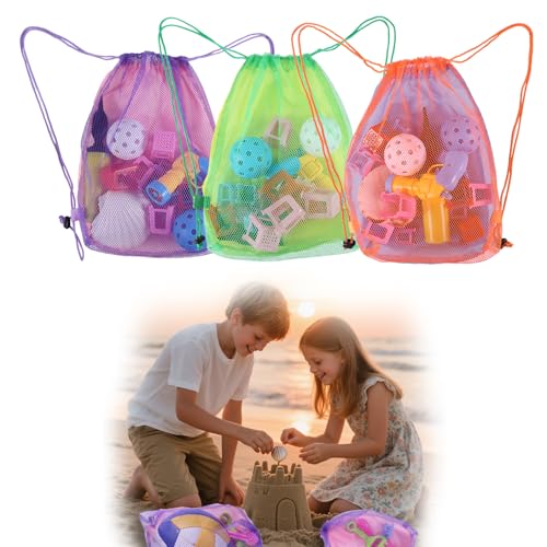 lasuroa 3stk Strandspielzeugbeutel, Netz-Rucksack Kordelzug für Sandspielzeug Muscheln Leicht Robust Muschelsammelbeutel für Kinder im Sandkasten Urlaubsutensilien Spielen im Freien (3 Farben) von lasuroa