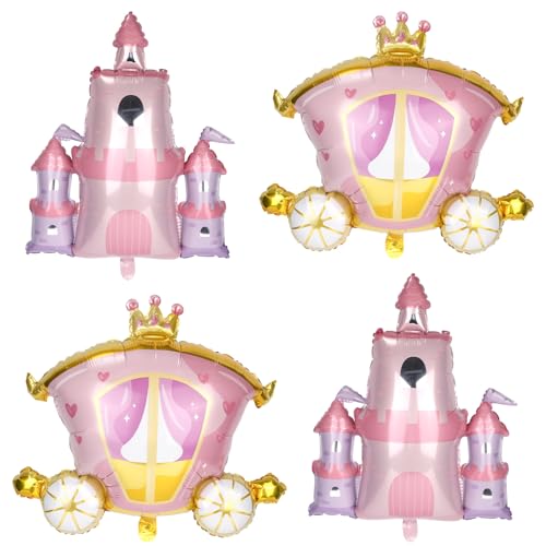 lasuroa 4stk Prinzessinnen-Geburtstagsparty-Luftballons, Rosa Prinzessinnen-Schloss und -Kutsche Folienballons für Geburtstags Babyparty und Junggesellinnenabschiedsdekorationen von lasuroa