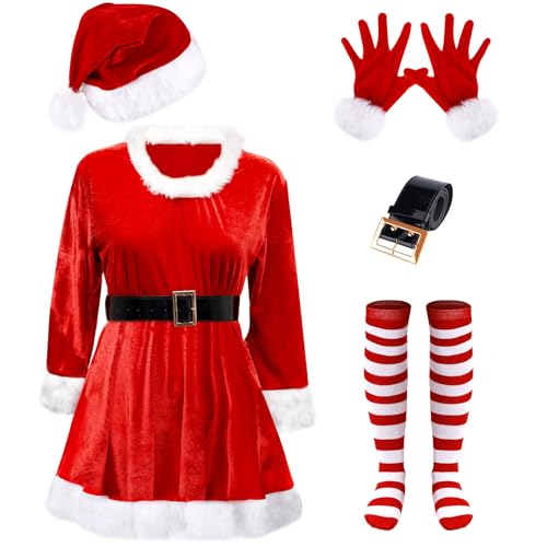 lasuroa 5 St Weihnachtsmann Kostüm Damen, Sexy Damen-Weihnachtsmann-Kostüm Kleid, Schwarzer Gürtel, Mütze, Gestreifte Strumpfhose, Plüschhandschuhe Weihnachtsmann-Outfit für Damen für Cosplay(L) von lasuroa
