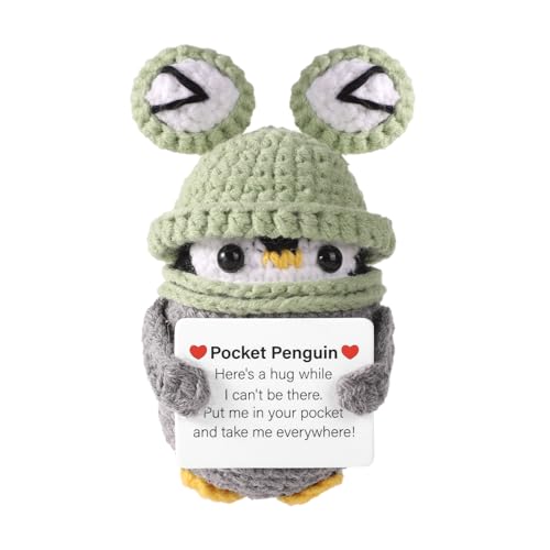 Lasuroa Lustiger Positiver Pinguin - Lustige Kartoffel Gestricktes Spielzeug mit Positiver Karte, Niedliche Wolle Trägt Froschhut für Freunde Ermutigung Dekoration von lasuroa