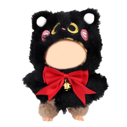 lasuroa Puppenkleidung, 15x13cm Plüschkleidung für Stuff Rote Schleife Glöckchen Katzenohren Puppenkleidung Süßes Halloween Outfit für Look abnehmbares Kostüm Accessoire (schwarz) von lasuroa