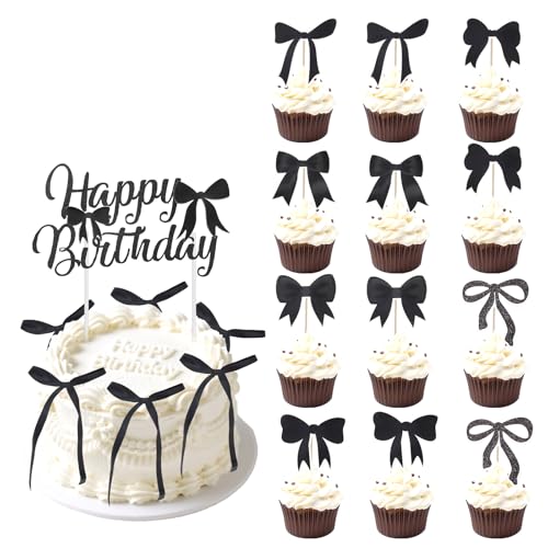 lasuroa Tortenaufsatz Schleife, Schwarze Cupcake Dekorationen mit Schleife mit 1 Einlegekarte Happy Birthday Partydekoration für Geburtstag Hochzeit Babyparty lasuroa Tortenaufsatz Schleife, Schwarze Cupcake Dekorationen mit Schleife mit 1 Einlegekarte Happy Birthday Partydekoration für Geburtstag Hochzeit Babyparty von lasuroa