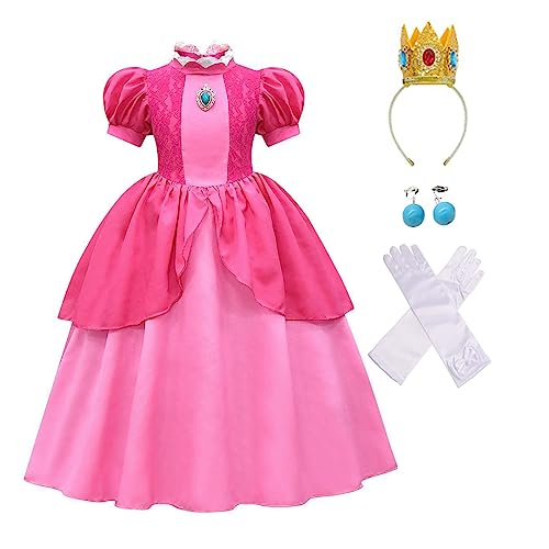 laughZuaia Kleine Mädchen Prinzessin Pfirsich Kostüm Kinder Puff Sleeve Fee Super Bros Kostüm Cosplay Fancy Kleid Outfits Pfirsich Krone Handschuhe (100, peach 1) von laughZuaia