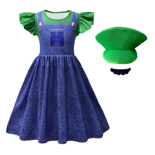 laughZuaia Kleine Mädchen Prinzessin Pfirsich Kostüm Kinder Puff Sleeve Fee Super Bros Kostüm Cosplay Fancy Kleid Outfits Pfirsich Krone Handschuhe (150, green) von laughZuaia