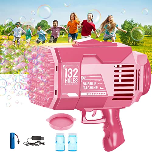 LAYPUNY 132 Löcherr Seifenblasenpistole, Seifenblasenmaschine Pistole Mit Lichter Gatling Seifenblasen Launcher, Spielzeug Geschenke für Kinder Erwachsene Outdoor Party Hochzeit Geburtstag - Rosa von laypuny