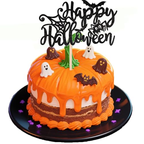 1 Stück Happy Halloween Tortendeko Glitzer Fledermaus Spinnen Kuchen Deko für Halloween Thema Party Geburtstag Party Kuchendekoration Schwarz（Fledermäuse） von leersao