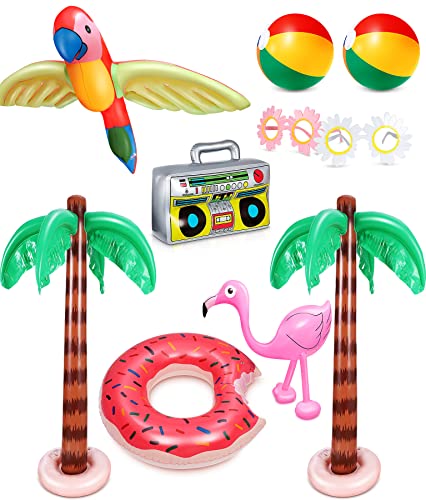 lenbest 10pcs Luftmatratze Pool - Palme Aufblasbar | Flamingo Aufblasbar | Wasserball Aufblasbar | Donut Schwimmring - Pool Spielzeug Erwachsene Kinder - Strand Schwimmbad Sommer Hawaii Party Deko von lenbest