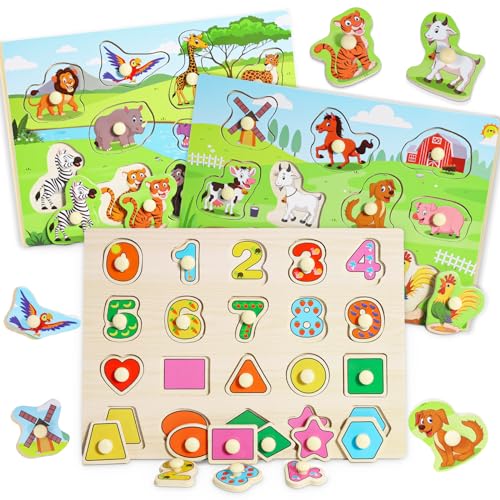 lenbest 3er-Set Holzpuzzle - Kleinkinder Spielzeug ab 2 3 Jahre - Montessori Spielzeug ab 1 Jahr - Puzzle ab 2 - Holzspielzeug Kinderspielzeug Motorikspielzeug - Steckpuzzle Holz ab 1 Jahr von lenbest