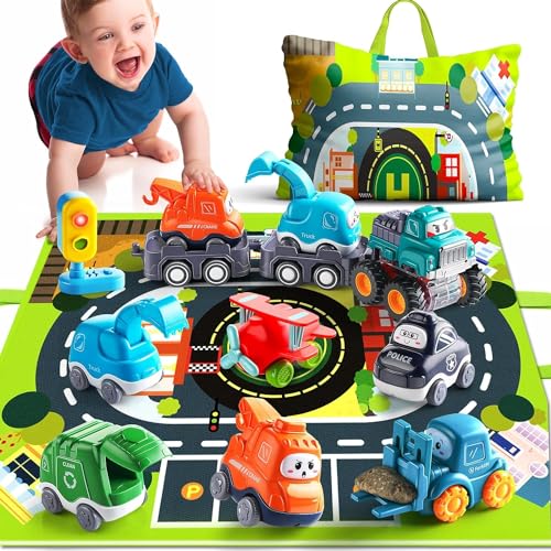 lerrbo 6 véhicules Avec remorque, Carte et Feux de Circulation Jaunes, Tapis de Jeu et Sac de Rangement, Jouets Pour bébé de 1 à 2 Ans et 3 Ans, Cadeau d'anniversaire Pour garçon de 1 à 2 Ans. von lerrbo