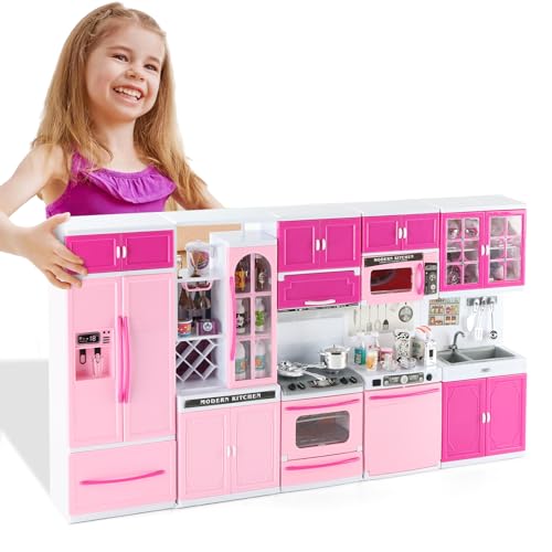 lerrbo 64 PCS Rosa Küche Spielzeug mit Lichtern Sounds|Mini Küche Haus Möbel Sets für Kinder im Alter von 4-8|Doll Playset Spielzeug für Kleinkinder 3-5|Geburtstag Geschenke für 5 6 7 alte Mädchen von lerrbo
