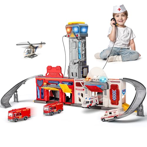 lerrbo Feuerwache und Rettungswache - Umwandelbare Schienensets für Jungen im Alter von 3 bis 6 Jahren. Klappbares Großes Städte-Aktions-Spielzeugset mit Lichtern und Soundeffekten von lerrbo