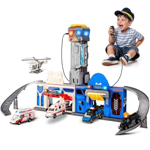 lerrbo Polizei & Krankenwagen Transform Track Sets für Jungen 3-6, klappbares Großstadt Action Playset mit Licht & Sounds von lerrbo