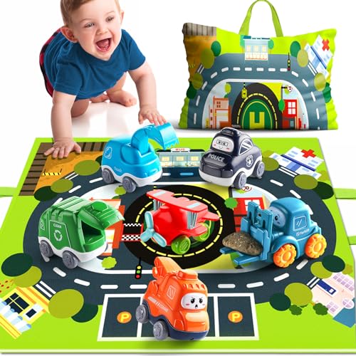 lerrbo 6 PCS Cartoon Lastwagen Auto Spielzeug mit Spielmatte/Aufbewahrungstasche|Babyspielzeug für 1 Jahre Alten Jungen|1 Jahre Alten Jungen Geburtstag Geschenk für erste Geburtstag Geschenke von lerrbo