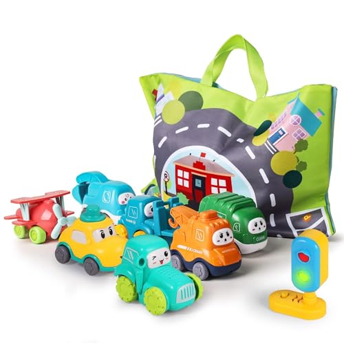 lerrbo 7 Vehicles with Map and Blue Traffic Light &Aufbewahrungstasche|Babyspielzeug für 1 jährige Jungen|1 jähriger Junge Geburtstagsgeschenk für erste Geburtstagsgeschenke von lerrbo