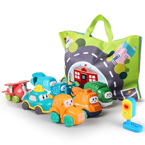 lerrbo 7 Vehicles with map and Yellow Traffic Light &Spielmatte/Aufbewahrungstasche|Babyspielzeug für 1 jährige Jungen|1 jähriger Junge Geburtstagsgeschenk von lerrbo
