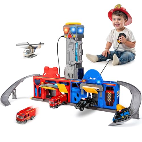 lerrbo Polizei & Feuerwehrstation Transform Track Sets für Jungen 3-6, klappbares Großstadt Action Playset mit Licht & Sounds von lerrbo