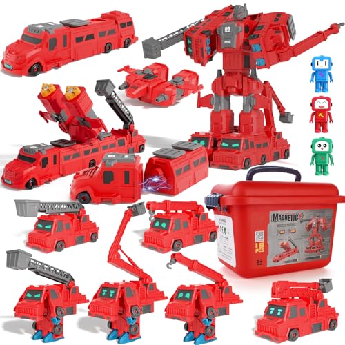 lerrbo Magnetisches Feuerwehrtruck Spielzeug Set, Verwandlungs-Roboter für Kinder 3-5 Jahre, Magnetisches Feuerwehrfahrzeug Set mit Aufbewahrungsbox, Geschenk für Jungen 4-8 Jahre von lerrbo
