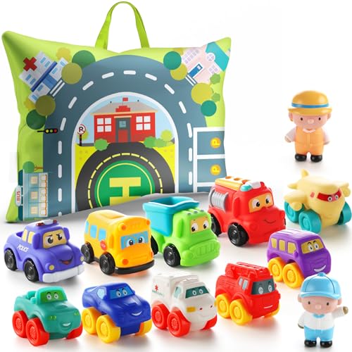 Weiches Gummi-Spieleauto für 1-jährige Jungen mit Spielmatte|12 Stück Cartoons-Autos Baby-Spielezeug für 12–18 Monate und Kleinkinder im Alter von 1–2 Jahre von lerrbo