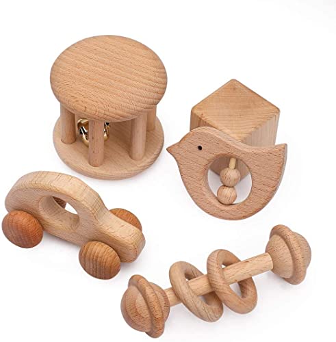 Wooden Baby Toys Wooden Rattle 4PC Handmade Natural Organic Preschool Baby Grasping Toy von let's make